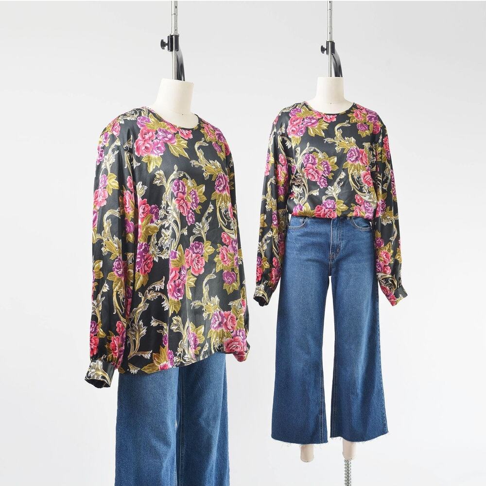 Vintage 80s Baroque Floral Silky Satin Long Sleeve Blouse Plus Size 1X 2X